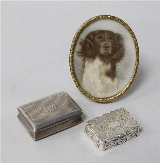 A Victorian engraved silver vinaigrette by Frederick Marson, Birmingham, 1858, one other vinaigrette and a miniature of a dog.